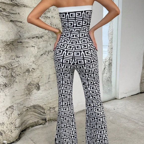 White & Black Preppy Womens Geo Print Button Front Tube Jumpsuit - Picture 2 of 6